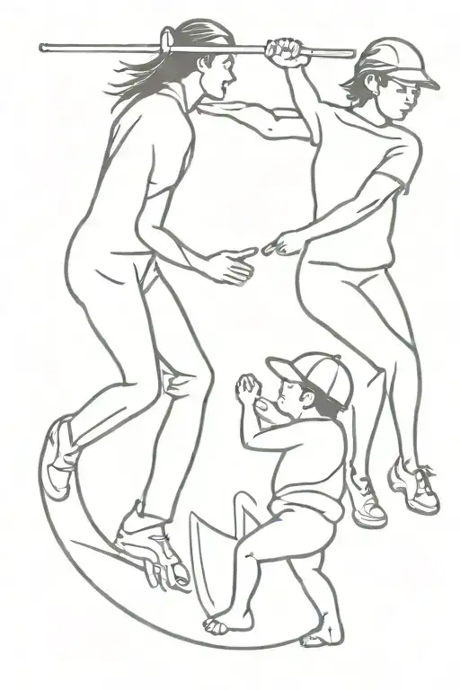 cricket player silhouette with baby boy and toddler girl entwined.  tattoo design idea