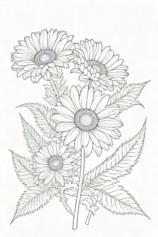 2 gerber daisy with stems bouquet with fern leaf and filler flower tattoo design idea