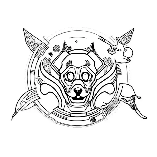 Design a tattoo that depicts a dog interacting with characters or objects from Destiny 2 tattoo design idea