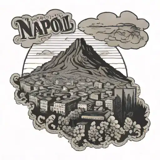 A detailed Napoli city skyline tattoo with the silhouette of Mount Vesuvius in the background, representing your love for Napoli tattoo design idea
