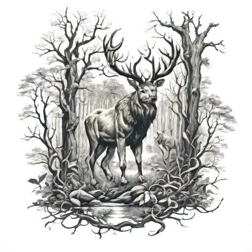 forest, deer, dark path, angel, lion tattoo design idea