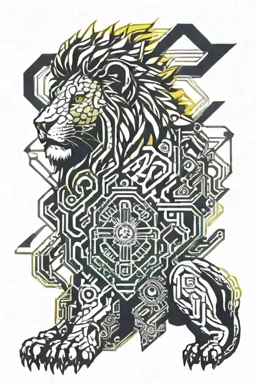 cyborg lion with Holy Trinity tattoo design idea