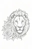 A lion holding a rose in its mouth with Roman numeral clock hands as its mane tattoo design idea