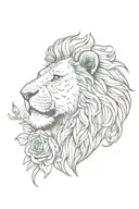 A lion holding a rose in its mouth with Roman numeral clock hands as its mane tattoo design idea