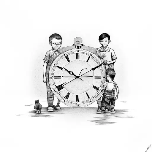 father and two children, clock, road tattoo design idea