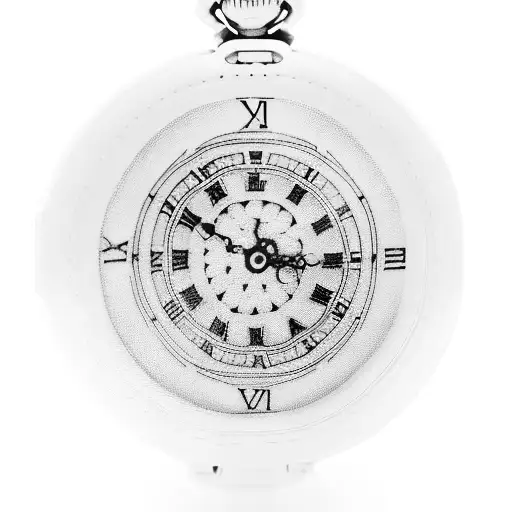 A blackwork tattoo featuring a pocket watch with the client's son and daughter standing on top, holding hands and looking up at the time, symbolizing their shared moments and the client's role as a guiding figure in their lives. tattoo design idea