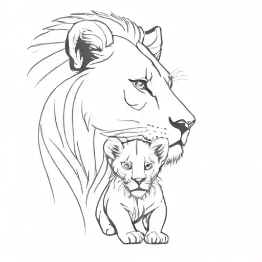 mother and cub lion. minimal black and white tattoo design idea