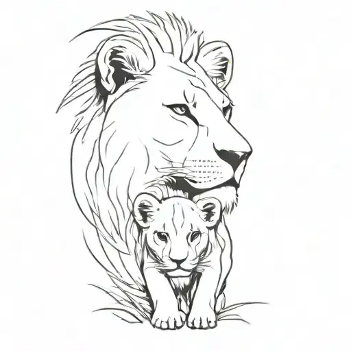 yelesiz mother and cub lion. minimal black and white tattoo design idea