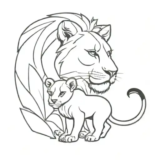 mother and cub lion. minimal black and white tattoo design idea