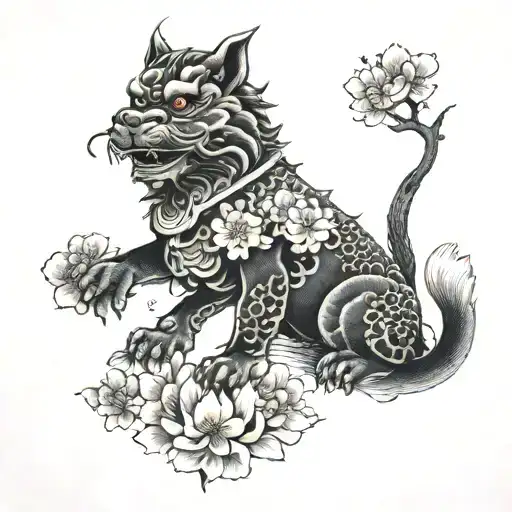 Foo Dog with japanese cherry blossoms falling   tattoo design idea