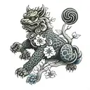 Foo Dog with japanese cherry blossoms falling   tattoo design idea