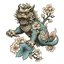 Foo Dog with japanese cherry blossoms falling   tattoo design idea