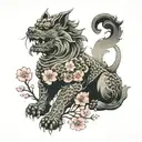 Foo Dog with japanese cherry blossoms falling   tattoo design idea