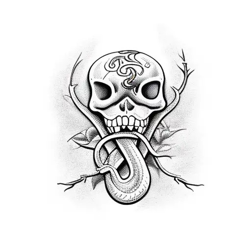 a snake skeleton amongst a thorny bush with piercing red eyes and red tongue with Venom hanging from it's f tattoo design idea