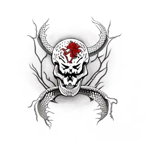 the skeleton of a rattlesnake amongst a thorny bush with piercing red eyes and red tongue with Venom hanging from it's f tattoo design idea