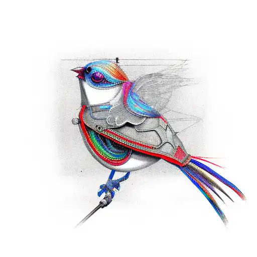 a steampunk BIRD made with cables and eletronic equipment only red Green and BLUE collors  tattoo design idea