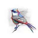 a steampunk BIRD made with cables and eletronic equipment only red Green and BLUE collors  tattoo design idea