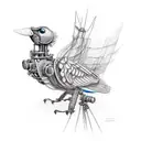 a steampunk BIRD made with cables and eletronic equipment only red Green and BLUE collors  tattoo design idea