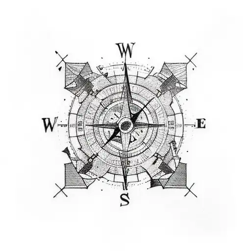 Combine a vintage camera with a compass and a world map as a vertical line tattoo tattoo design idea