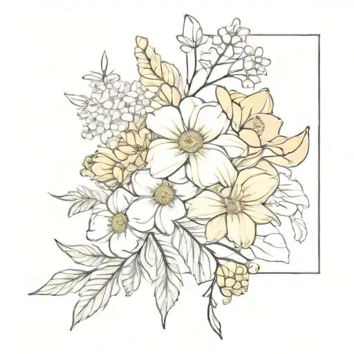 rose, sweet honey suckle, daffodils, jonquils, marigolds and cosmos bouquet   tattoo design idea
