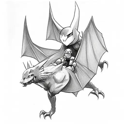 batman riding charizard tattoo design idea
