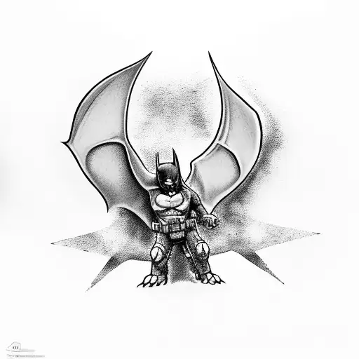 batman riding charizard holding mjolnir and excalibur  tattoo design idea