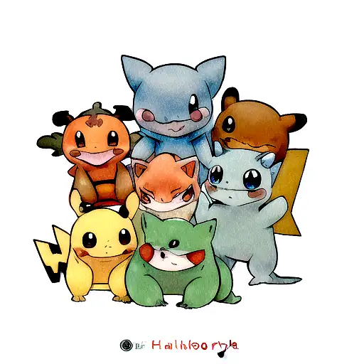 the inicials pokemons squirtle, charmander and bulbasaur together with pikachu, in colours, aligned and havind fun tattoo design idea