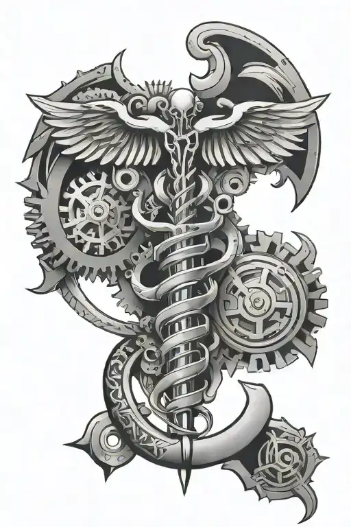 caduceus symbol with motor gear integrated tattoo design idea