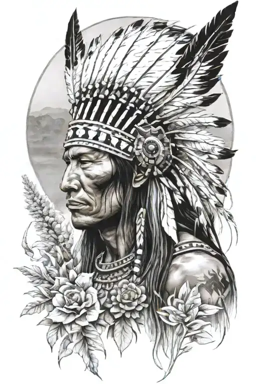native American warrior in a field outside dc & flowers & sleeve tattoo design idea