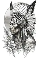 native American warrior in a field outside dc & flowers & sleeve tattoo design idea