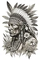 native American warrior in a field outside dc & flowers & sleeve tattoo design idea