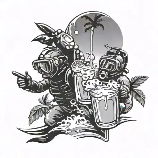 two scuba divers in an pina colada glass  tattoo design idea