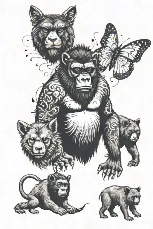 A butterfly a gorilla a wolf and bear cub  tattoo design idea