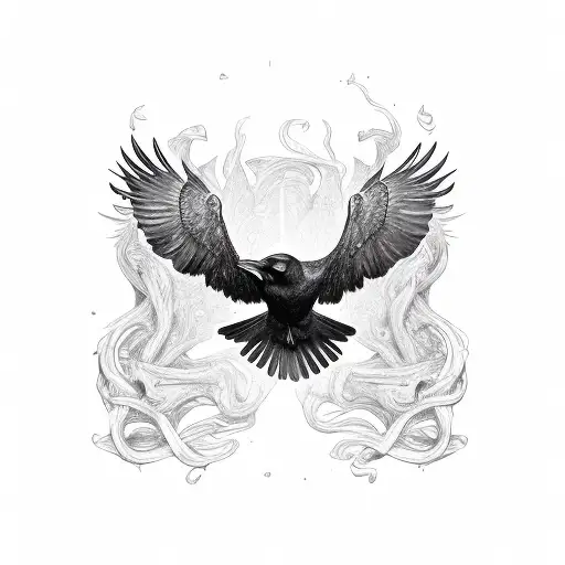 A Raven from above with spread wings mid flight viking knots tattoo design idea