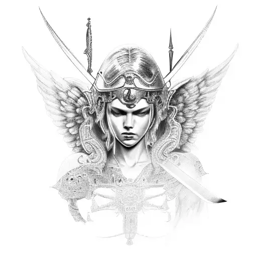 angel in an armoured steel with sword tattoo design idea
