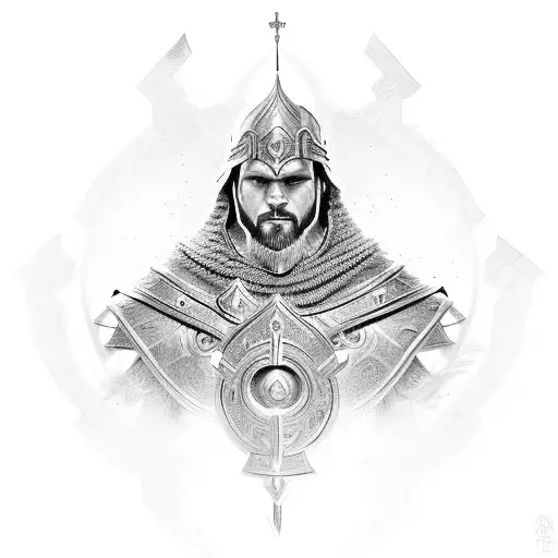 Imagine a paladin in a kneeling position, head bowed in prayer, with a solemn expression. In front of him, the hilt of h tattoo design idea