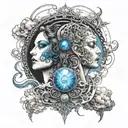 A celestial scene with two faces, one representing light and the other darkness, surrounded by billowing clouds and a mesmerizing blue eye watching over them, symbolizing the duality of life and music's ability to bridge different worlds tattoo design idea