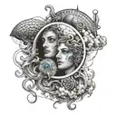 A celestial scene with two faces, one representing light and the other darkness, surrounded by billowing clouds and a mesmerizing blue eye watching over them, symbolizing the duality of life and music's ability to bridge different worlds tattoo design idea