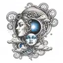 A celestial scene with two faces, one representing light and the other darkness, surrounded by billowing clouds and a mesmerizing blue eye watching over them, symbolizing the duality of life and music's ability to bridge different worlds tattoo design idea