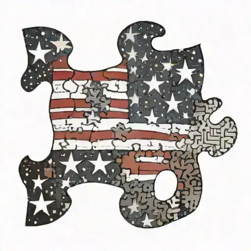 A colorful and abstract representation of the American flag intertwined with puzzle pieces symbolizing autism awareness tattoo design idea