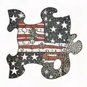 A colorful and abstract representation of the American flag intertwined with puzzle pieces symbolizing autism awareness tattoo design idea