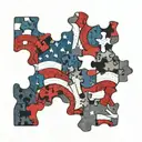 A colorful and abstract representation of the American flag intertwined with puzzle pieces symbolizing autism awareness tattoo design idea