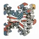 A colorful and abstract representation of the American flag intertwined with puzzle pieces symbolizing autism awareness tattoo design idea