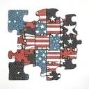 A colorful and abstract representation of the American flag intertwined with puzzle pieces symbolizing autism awareness tattoo design idea