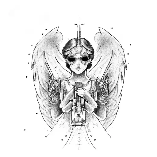 angel with submachine gun tattoo design idea