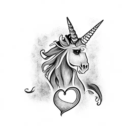 A black and grey tattoo of a horror-inspired design with a unicorn and a heart tattoo design idea