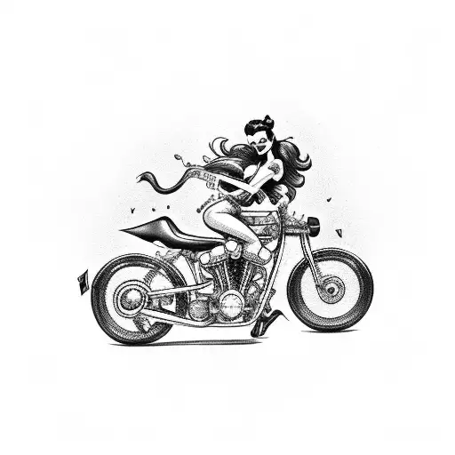Incorporate a rockabilly-inspired pin-up girl riding a vintage American motorcycle, with skulls and roses in the background tattoo design idea