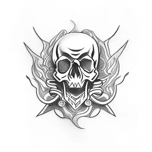 Design a blackwork tattoo showcasing a skull wearing a bandana, surrounded by flames and motorcycle gears tattoo design idea