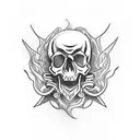 Design a blackwork tattoo showcasing a skull wearing a bandana, surrounded by flames and motorcycle gears tattoo design idea