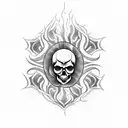 Design a blackwork tattoo showcasing a skull wearing a bandana, surrounded by flames and motorcycle gears tattoo design idea